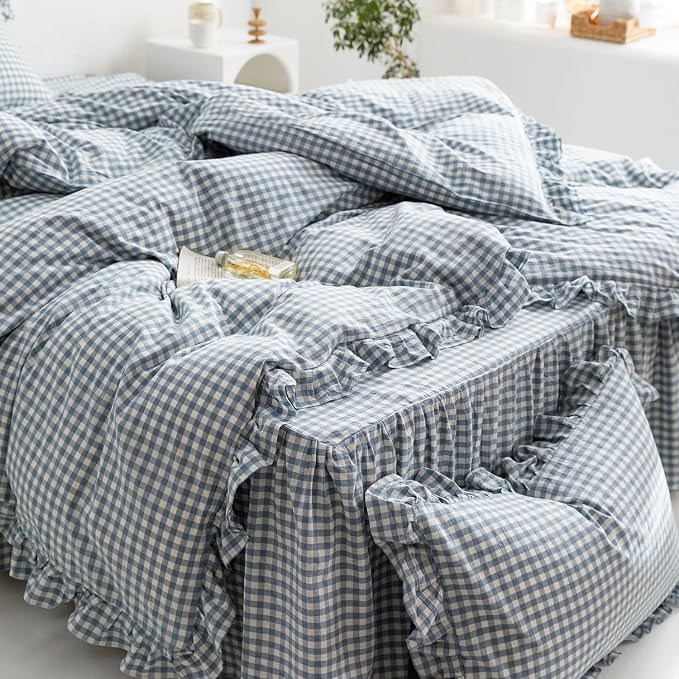 mixinni Blue White Gingham Ruffle Duvet Cover Full Size 3 Pieces – 100% Washed - Image 5
