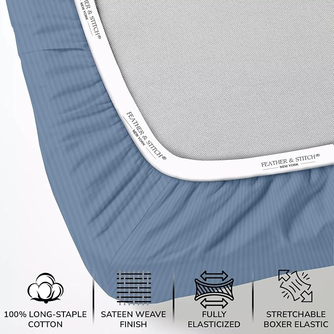 Feather & Stitch 1 Piece Fitted Sheet Twin Size, 100% Cotton Damask Sateen Weave - Image 2