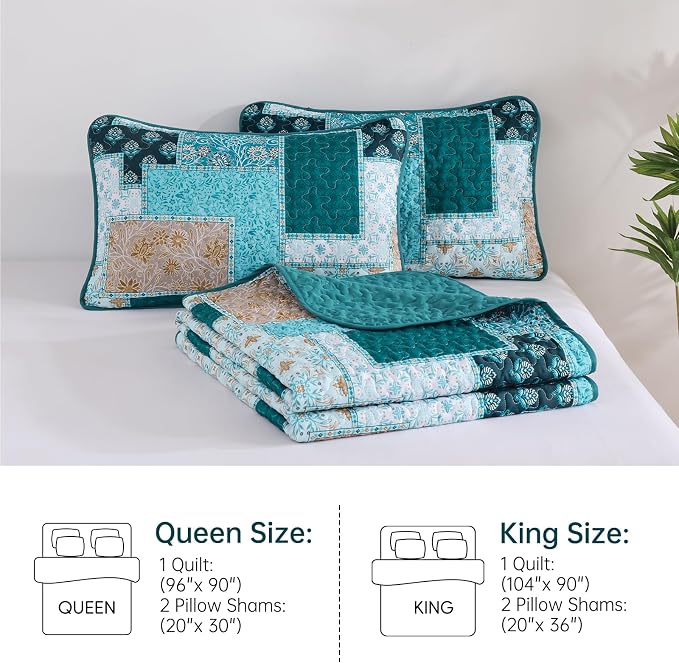 Xruibed Teal Quilt Set Queen Size 3 Pieces Plaid Floral Boho Bedspread Coverlet - Image 9