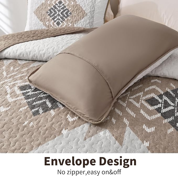 Dintszyayue Full Size Quilt Set Boho, 3 Piece Khaki Aztec Texture Bedspread - Image 5