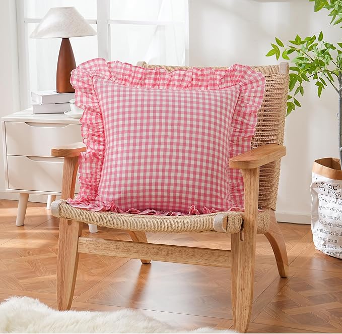 2 Pack Pink/White Plaid Ruffled Checkered Throw Pillow Cover 20 x20 inches - Image 3