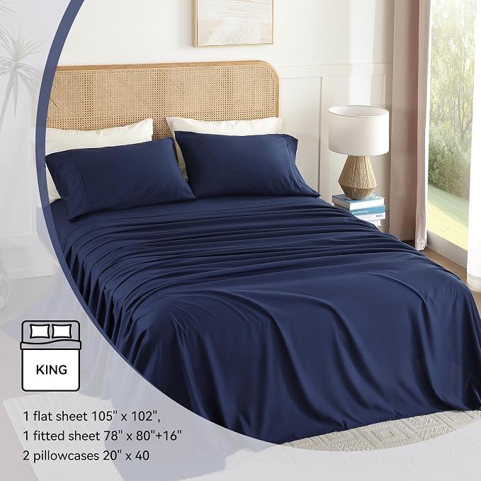 King Sheet Set 4 Piece, Wrinkle Free, Oeko-Tex Certified Bedsheets，Navy Blue - Image 6