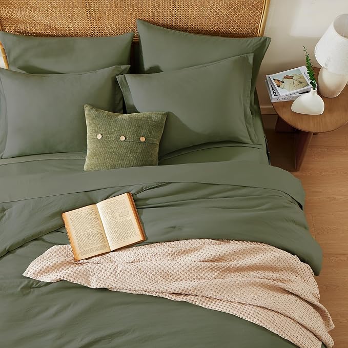 WRENSONGE King Size Comforter Set- 7 Pieces Soft Olive Green Bed in a Bag King - Image 3