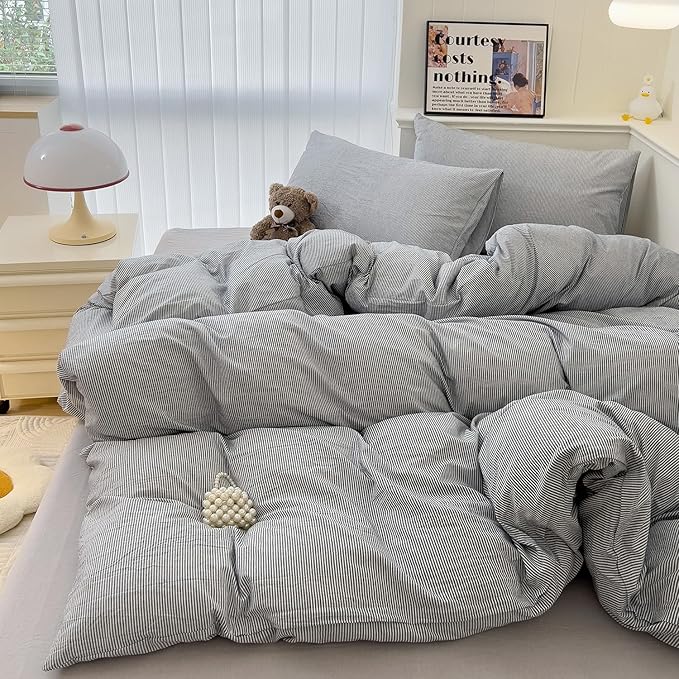 mixinni Grey Striped Duvet Cover Queen Size by mixinni