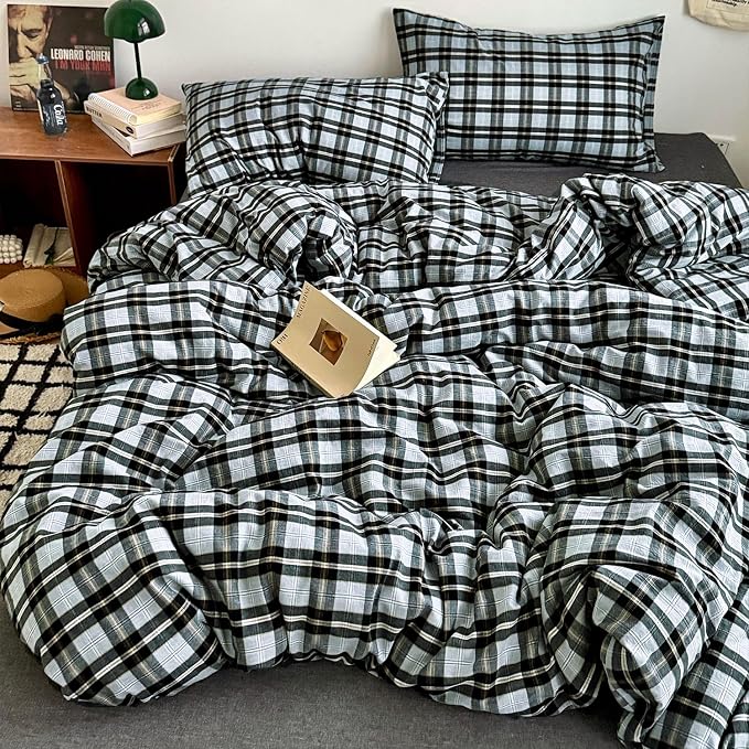 mixinni Vintage Grey & Pale Blue Buffalo Plaid Duvet Cover Set Twin Size - Image 4