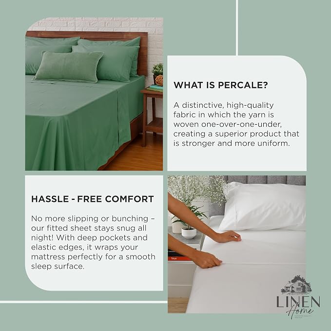 Linen Home 100% Cotton Percale Weave Fitted Sheet, Twin Size, Frosty Green - Image 4