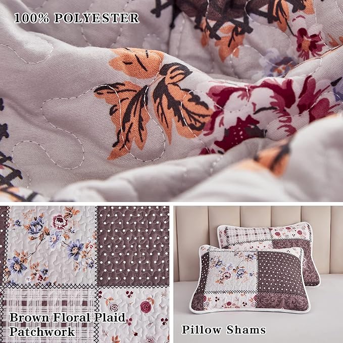 Patchwork Quilt Set Full/Queen Size, 3 Pieces Brown Floral Plaid Summer - Image 6