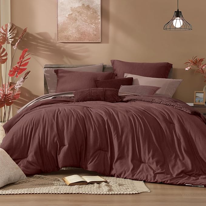 Monbix Full Size Comforter Set, Dark Red Bedding Comforter by Monbix