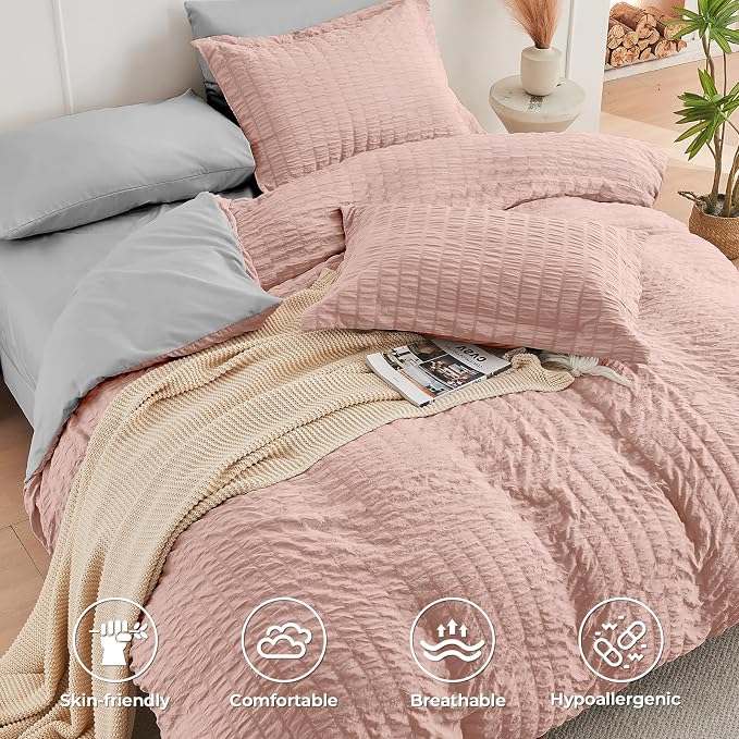 HYMOKEGE Rose Gold/Light Grey Queen Comforter Set Seersucker 7 Pieces, All - Image 3