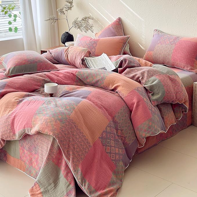mixinni 100% Cotton Double Layer Yarn Duvet Cover Set, Vintage Patchwork Floral - Image 2