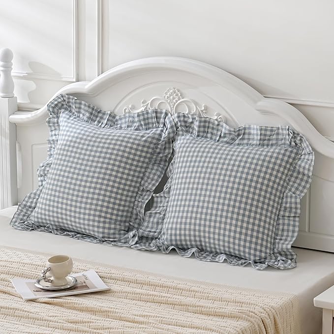 Blue White Plaid Euro Pillow Shams Ruffle Pillowcases Set of 2, Shabby by Qilunn