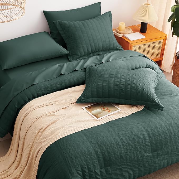 CozyLux Oversized Queen Comforter Set Forest Green Seersucker 7 Pieces 98x98 - Image 6