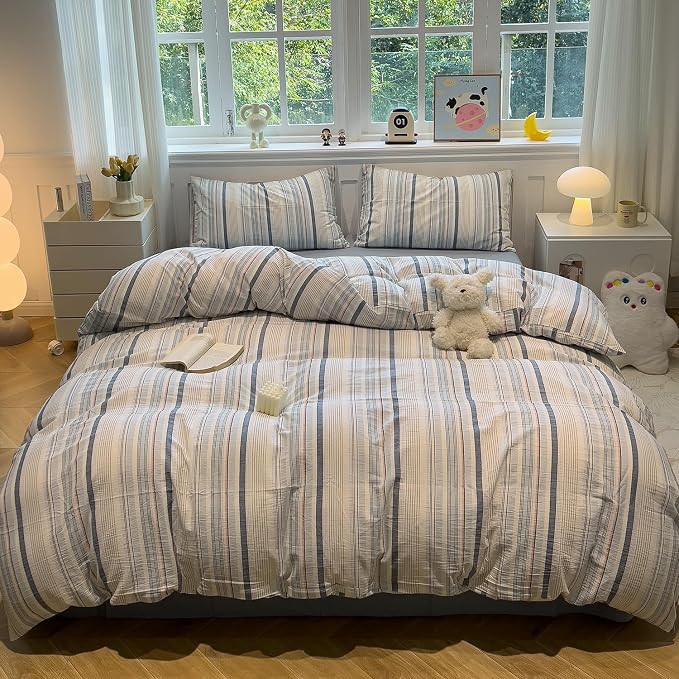 mixinni Vintage Blue and White Striped Duvet Cover Set Twin XL - Image 2