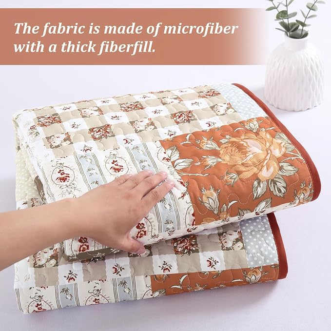 Patchwork Quilts Set Queen Size 3 Pieces Terracotta Plaid Bedspread Coverlet Set - Image 5