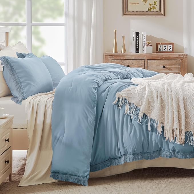 Andency Grayish Blue Comforter Set Queen Size, 3 Pieces Boho Tassel Lightweight - Image 2