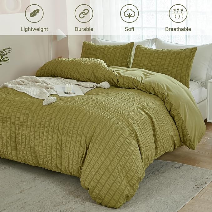 AveLom Olive Green Seersucker Duvet Cover Set Full Size, 3 Pieces, Ultra Soft - Image 2