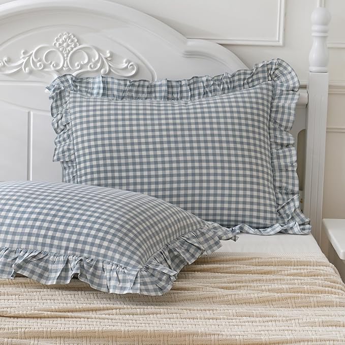 2 Pack Blue White Plaid Gingham Ruffle Pillow Shams Standard Size 20x26 inches by Qilunn