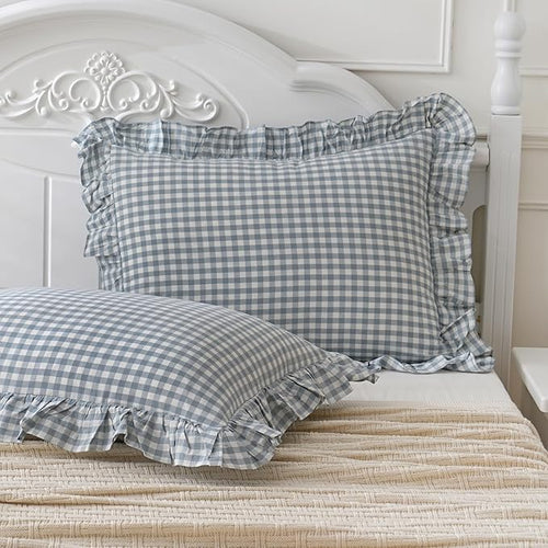 2 Pack Blue White Plaid Gingham Ruffle Pillow Shams Standard Size 20x26 inches by Qilunn
