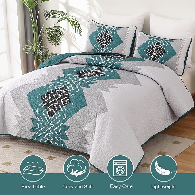 Dintszyayue Teal Boho Quilt Set Queen 3 Pieces Turquoise Aztec Texture - Image 2