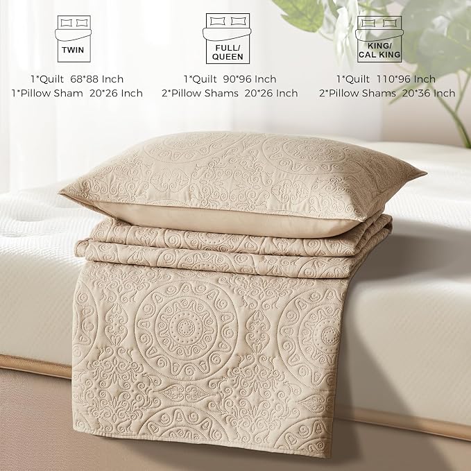 WURUIBO Beige Quilt Set Queen Size, Embossing Microfiber Full Bedspreads - Image 7
