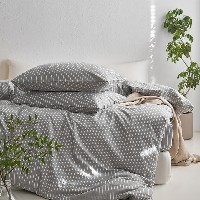 MooMee Striped Duvet Cover Set 100% Washed Cotton Linen Like Textured - Image 6