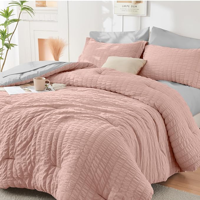 HYMOKEGE Rose Gold/Light Grey California King Comforter Set Seersucker 7 Pieces by HYMOKEGE