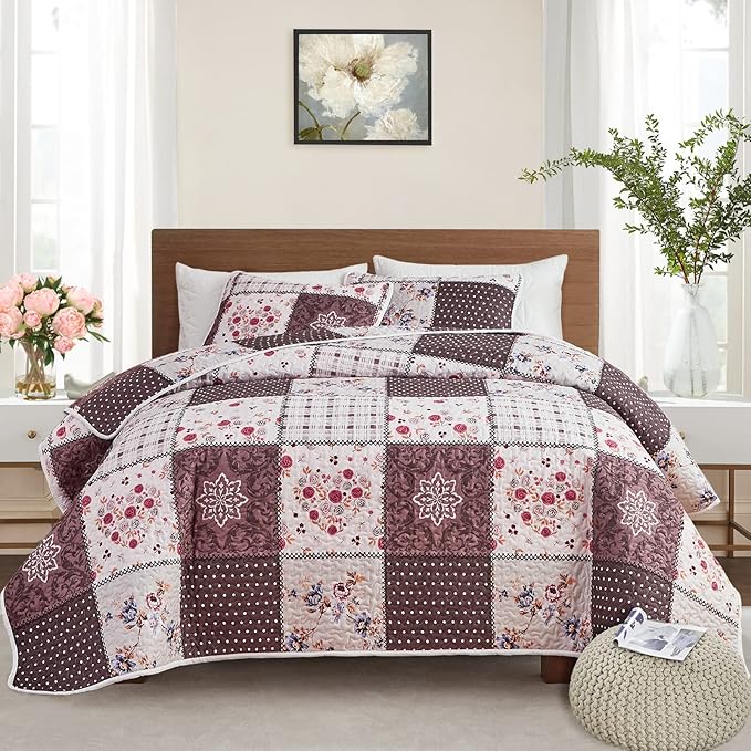 Patchwork Quilt Set Full/Queen Size, 3 Pieces Brown Floral Plaid Summer by Flysheep