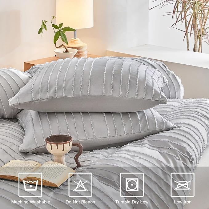 WARMDERN Light Grey Striped Duvet Cover Set, Boho Textured Tufted Bedding - Image 4