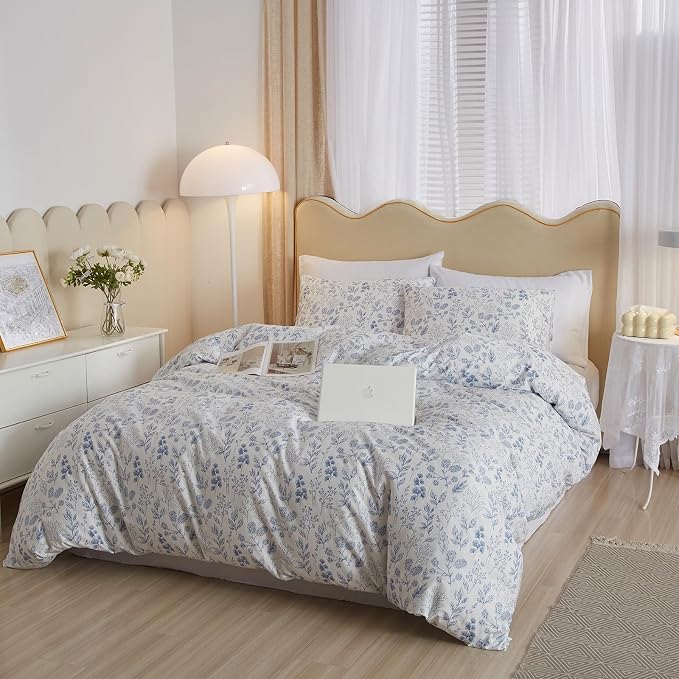 mixinni Girls Blue Flower Leaves Pattern on White Duvet Cover Twin Size Soft - Image 3