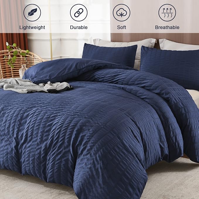 AveLom Navy Blue Duvet Cover King, 3 Pieces, Seersucker Textured Ultra Soft - Image 2