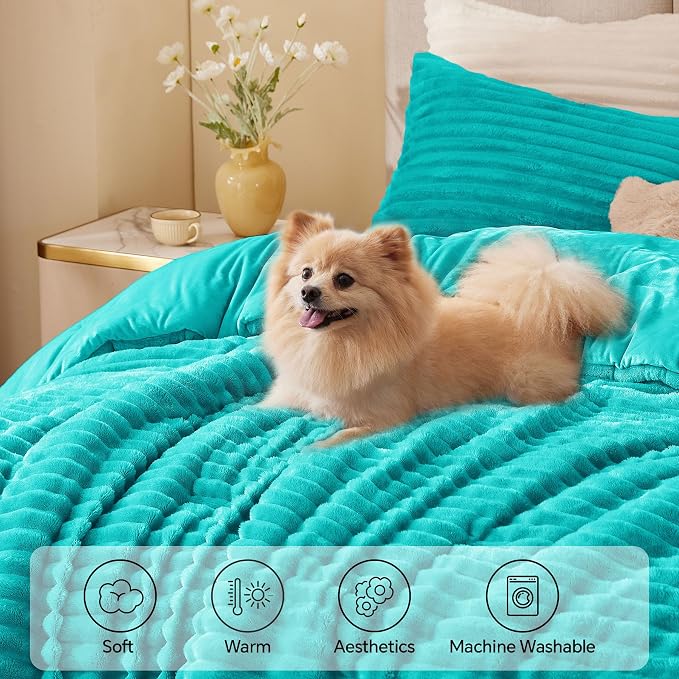 BEDELITE Fleece Queen Comforter Set -Super Soft & Warm Fluffy Teal Bedding - Image 3