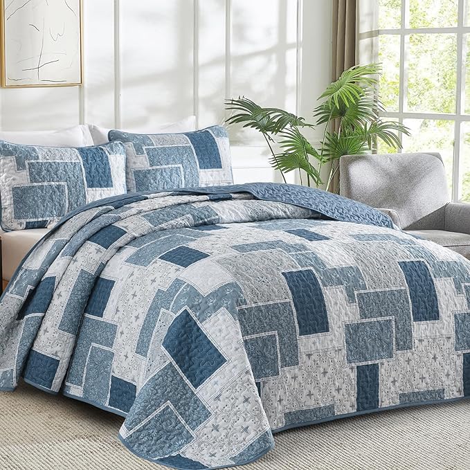 Xruibed Blue Boho Quilt Set Queen Size, 3 Pieces Plaid Floral Bedspread - Image 2
