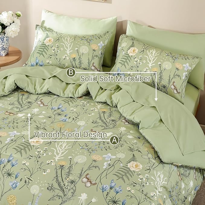 Yiran Sage Green Floral Comforter Set King Size, 7 Piece Botanical Comforter - Image 5