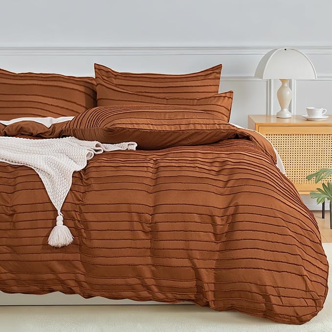 NEXHOME PRO Duvet Cover Queen, Brunt Orange 3 Pieces Boho Tufted Duvet Cover Set by NEXHOMEPRO