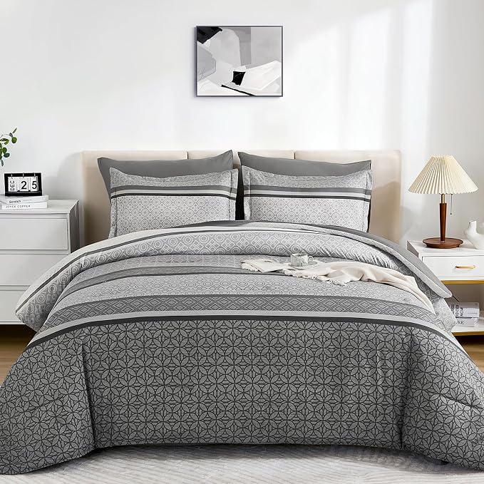 WONGS BEDDING Grey Comforter Set King Size, 7 Pieces Striped Bed in a Bag - Image 2