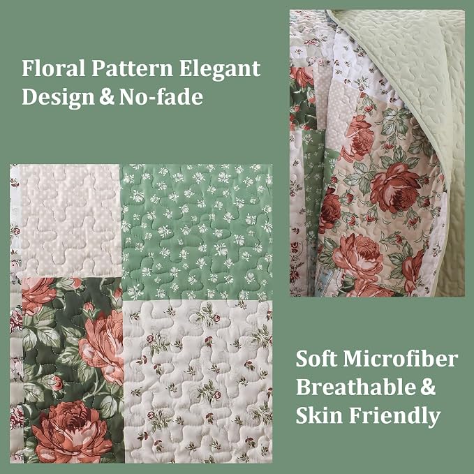 Anibedding Green Patchwork Quilt Set King Size, Bohemian Red Flower Green Plaid - Image 3