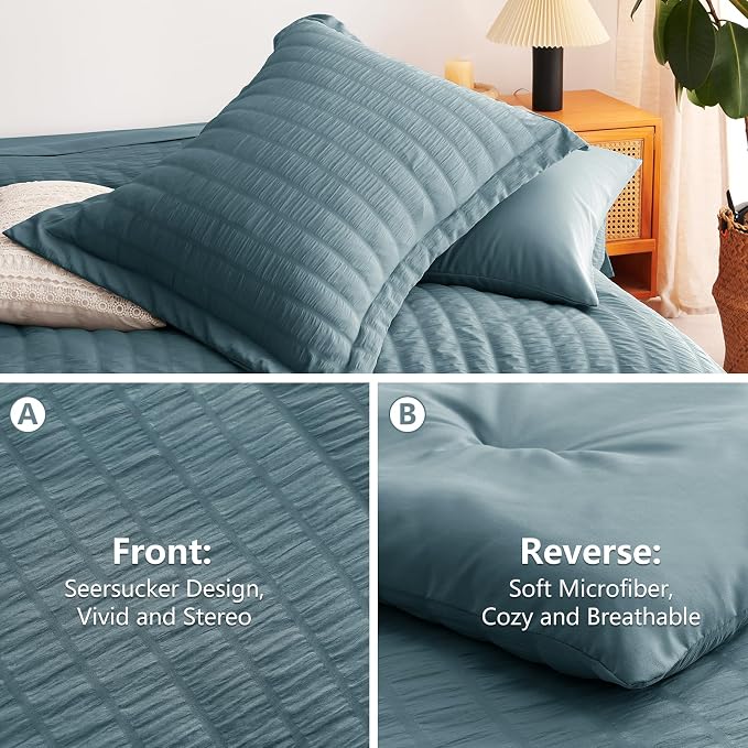 CozyLux King Size Comforter Set Mineral Blue Seersucker 7 Pieces Bed in a Bag - Image 4