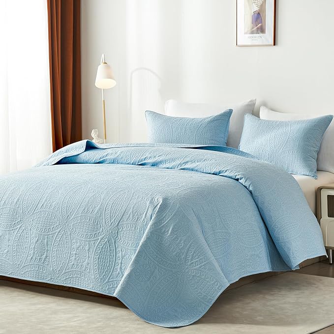 akkialla Twin Quilt Bedding Set, Sky Blue Ultrasonic Quilt Set, Lightweight - Image 2