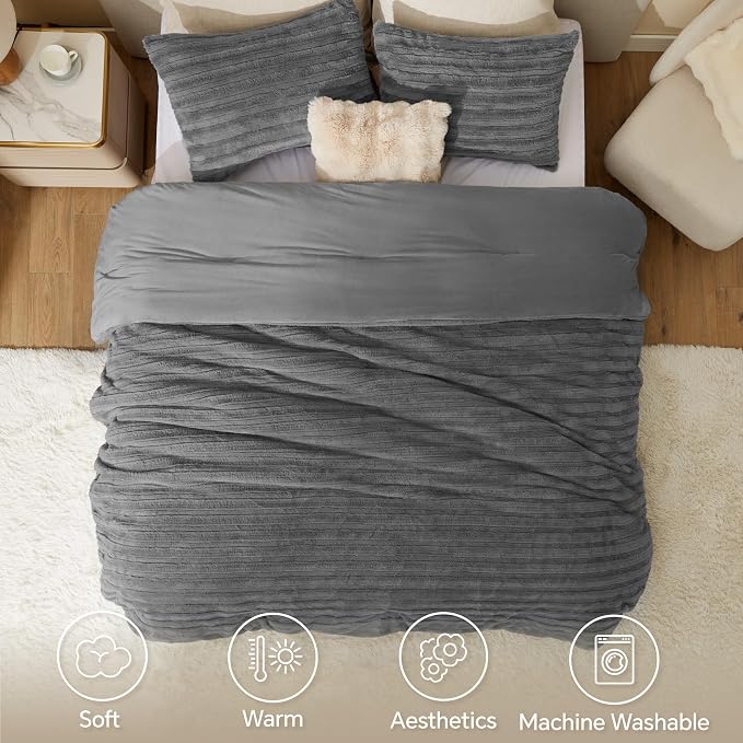 BEDELITE Fleece Queen Comforter Set -Super Soft & Warm Fluffy Grey Faux Fur - Image 3