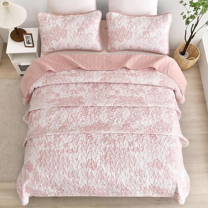 WONGS BEDDING Quilt Set Queen Size, 3 Pieces Pink Floral Plants Printed - Image 3