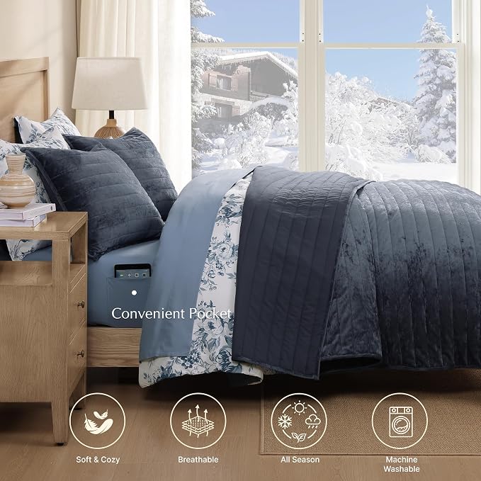 WRENSONGE Velvet Queen Quilt Set-3 Pieces Blue Grey Luxurious Velvet Striped - Image 3
