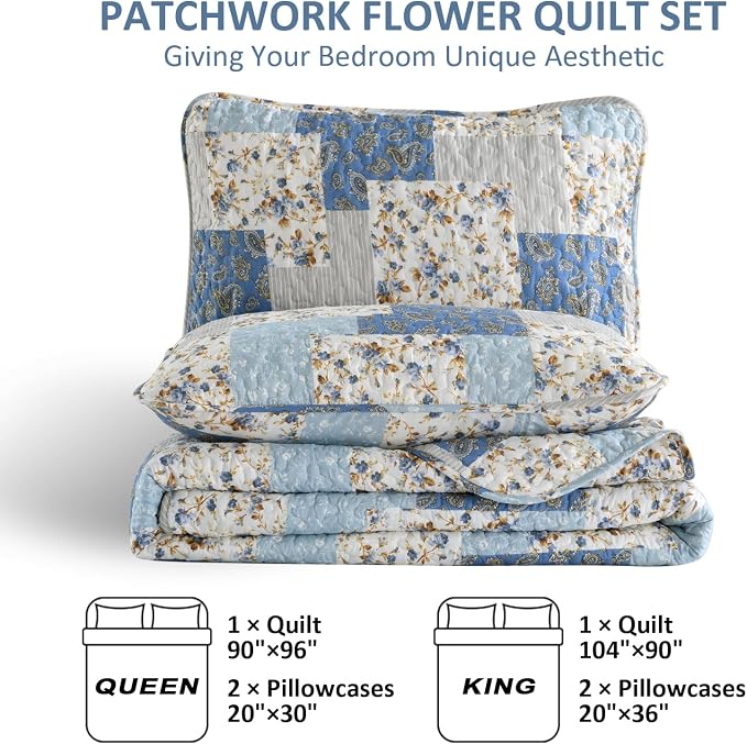 Mybedsoul Light Blue Quilt Set Queen Size, 3 Pieces Boho Plaid Floral Bedspread - Image 5