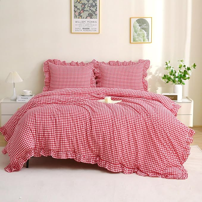 Silnuo Red/White Checkered Ruffle 3-Piece Duvet Cover Set Full Size, Washed - Image 3