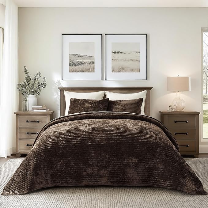 EVERGRACE Velvet Quilt Set King Size, Luxurious Soft Striped Channel Bedding Set by EverGrace