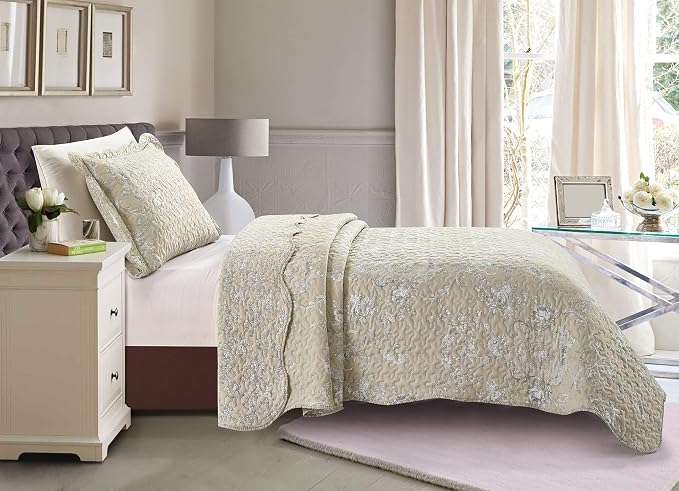 Brilliant Sunshine Classic Grey Floral Toile in Beige Background, 2-Piece Quilt - Image 2