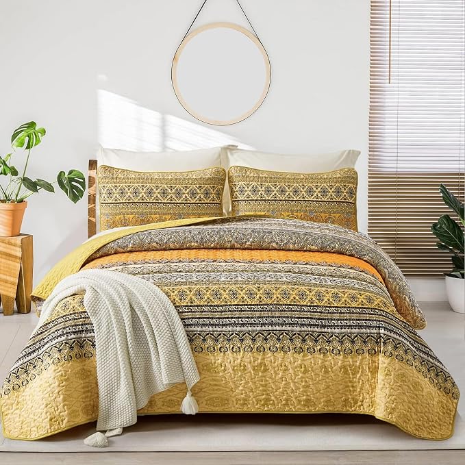 WONGS BEDDING Yellow Orange Bohemian King Quilt, Boho Quilt King Size, by WONGSBEDDING