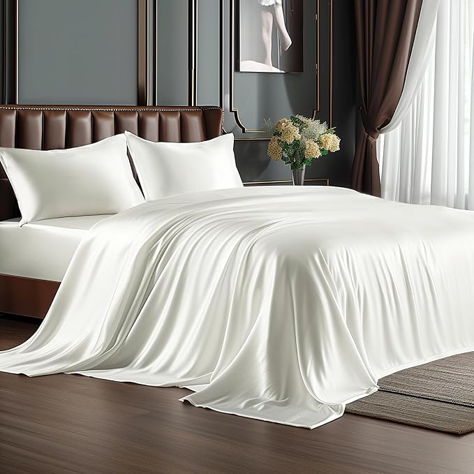 BEDELITE California King Sheets Set, Luxury Soft Ivory White Satin Sheets by BEDELITE