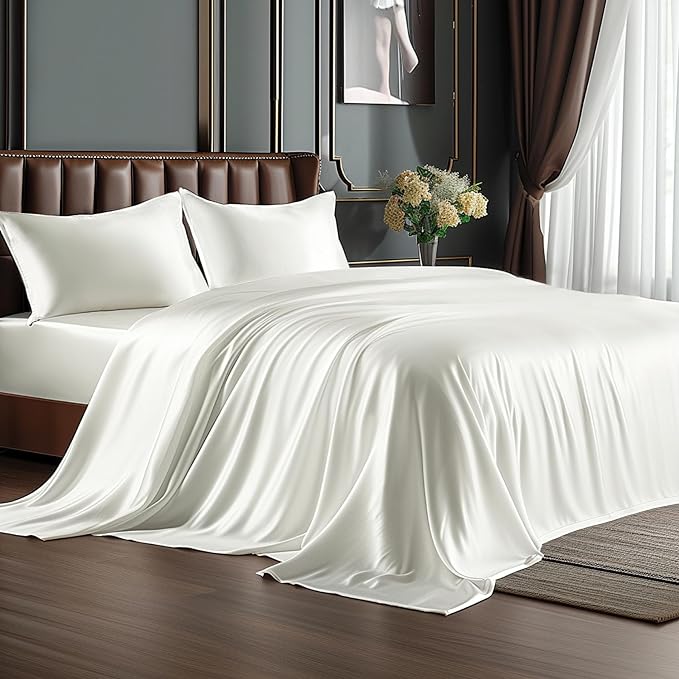BEDELITE Satin Sheets Twin XL Size Bed Set, Luxury Soft Ivory White Silky Sheets by BEDELITE