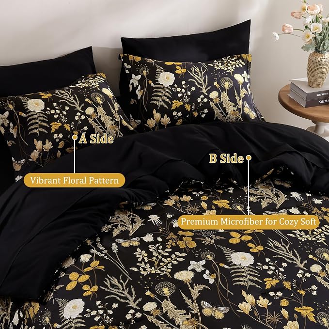 Yiran King Size Comforter Set, 7 Pieces Black Floral Soft Bedding Sets - Image 3