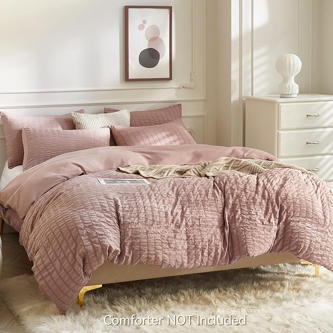 JELLYMONI Smokey Pink Duvet Cover Full Size, Soft Breathable Seersucker Duvet - Image 3